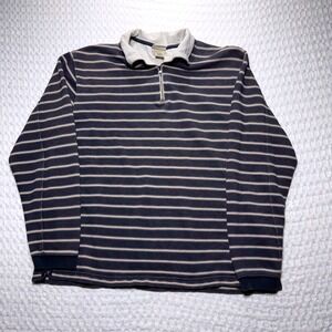 LL Bean Mens L Quarter Zip Pullover Knit Sweater Navy Cream Striped Outdoor Hike